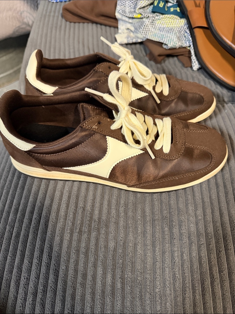 Womens Brown Leather Casual Sneakers with Cream Accents